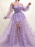 Tulle High Neck Slit Appliques Long Sleeves Prom Dress LBQ0581